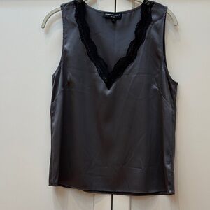 Grey silk tank top with black lace trim